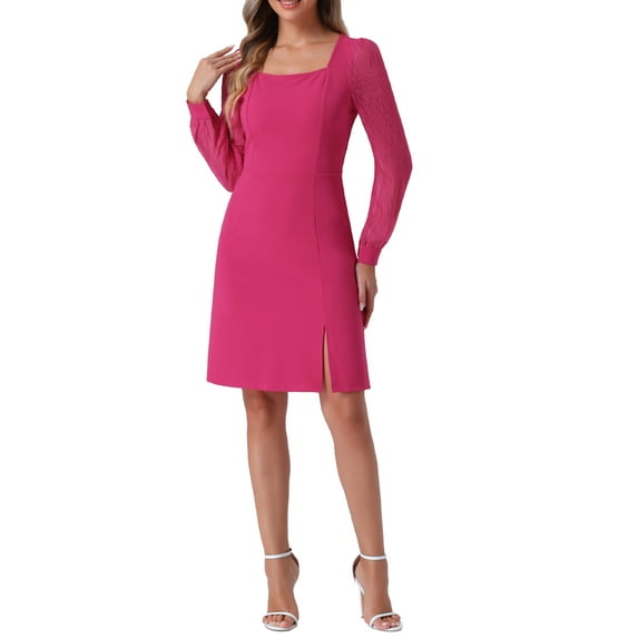 INSPIRE CHIC Women's Square Neck Split Side Semi-Sheer Puff Sleeve Mini A-Line Dress L Hot Pink