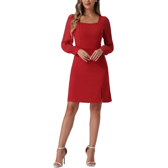 INSPIRE CHIC Women's Square Neck Split Side Semi-Sheer Puff Sleeve Mini A-Line Dress XS Red