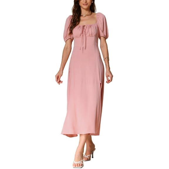 INSPIRE CHIC Women's Dress Square Neck Tie Front Puff Sleeve Smocked Back Side Split Long Dresses XS Pink
