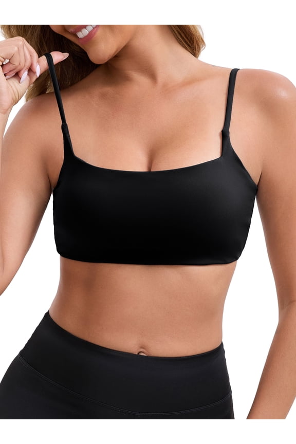 Women's Square Neck Wirefree Padded Push-Up Athletic Bras Spaghetti Straps Backless Seamless Workouts Bra S Black
