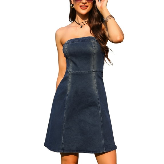 INSPIRE CHIC Women's Stapless Sleeveless Tube Denim Dress Mini Dress L Vintage Blue