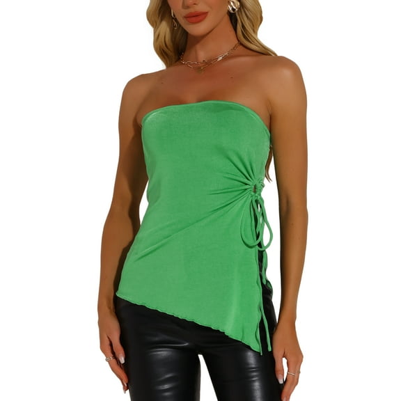 INSPIRE CHIC Women's Strapless Drawstring Ruched Asymmetrical Ruffle Hem Bandeau XS Green
