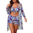 thumbnail image 1 of INSPIRE CHIC Women's Strappy Floral Printed Ruched Bikini Sets, 3 Pieces Long Sleeve Robe Cover Up BoyShorts Bottom Swimwear Blue Orange X-Large, 1 of 6
