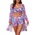 thumbnail image 1 of INSPIRE CHIC Women's Strappy Floral Printed Ruched Bikini Sets, 3 Pieces Long Sleeve Robe Cover Up BoyShorts Bottom Swimwear Blue Pink Medium, 1 of 6