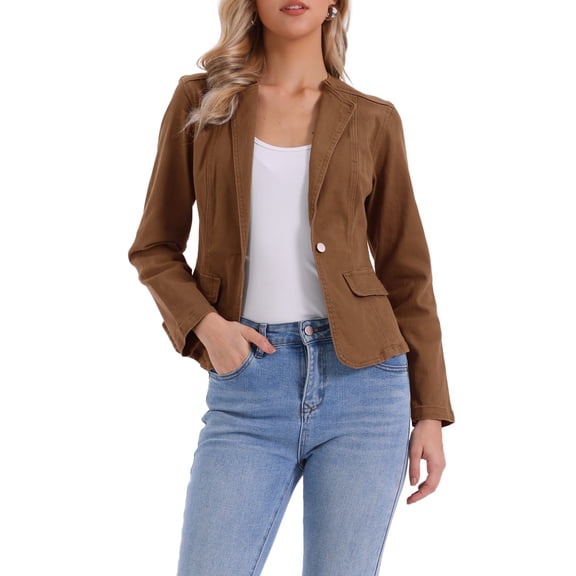 INSPIRE CHIC Women's Stretchy Jean Jacket Lapel Collar One Button Long Sleeve Work Denim Jackets S Brown