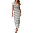 thumbnail image 1 of INSPIRE CHIC Women's Stripe Short Sleeve U Neck Ribbed Knit Sweater Maxi Dress S Grey, 1 of 6