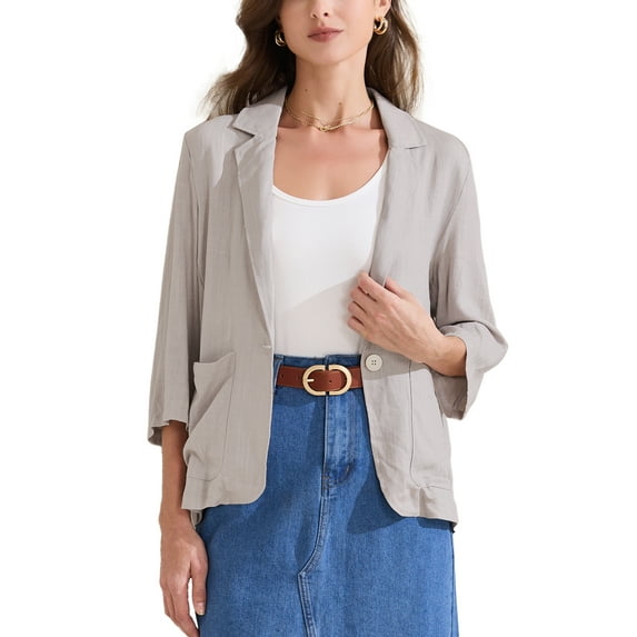 INSPIRE CHIC Women's Striped 3/4 Sleeves One Button Notched Lapel Casual Blazer S Grey