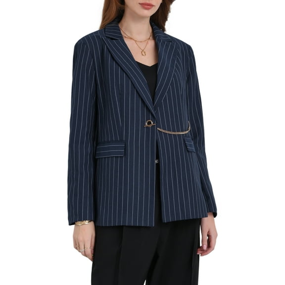 INSPIRE CHIC Women's Striped Blazers Lapel Collar Chain Decor Long Sleeve Work Office Jackets S Navy Blue