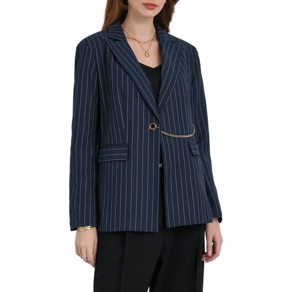 INSPIRE CHIC Women's Striped Blazers Lapel Collar Chain Decor Long Sleeve Work Office Jackets S Navy Blue