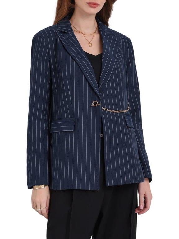 Women's Striped Blazers Lapel Collar Chain Decor Long Sleeve Work Office Jackets S Navy Blue