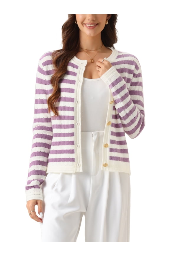 Women's Knit Sweater Striped Button Down Long Sleeve Casual Cardigan XL White Purple