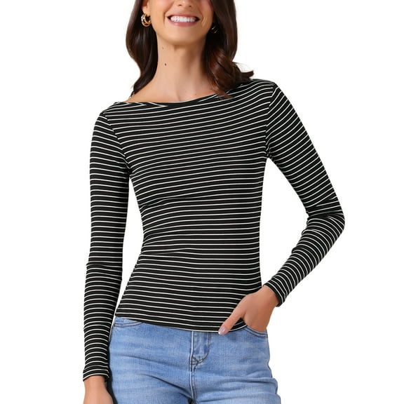 INSPIRE CHIC Women's Striped Long Sleeve Shirt Boat Neck Tops Stertchy 2025 Casual Basic Tee Shirt S Black