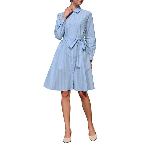 INSPIRE CHIC Women's Striped Long Sleeve with Belt A-Line Button Down Pointed Collar Midi Shirt Dress M Blue