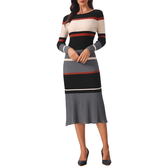 INSPIRE CHIC Women's Striped Sweater Dress Long Sleeve Casual Work Ribbed Knit Bodycon Dresses 2XL Caramel Grey
