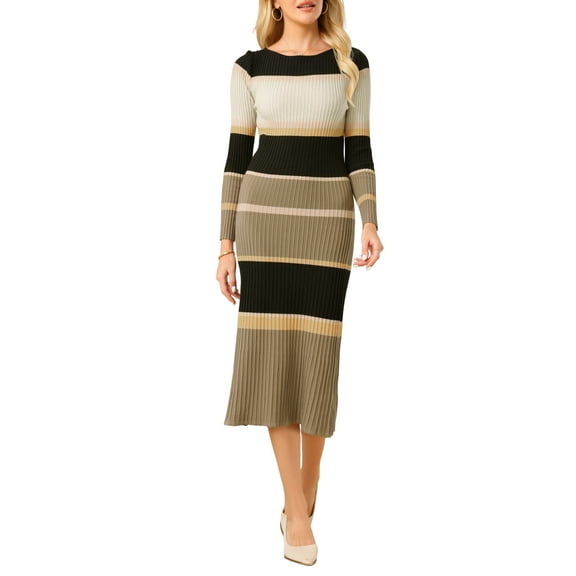 INSPIRE CHIC Women's Striped Sweater Dress Long Sleeve Casual Work Ribbed Knit Bodycon Dresses 2XL Khaki
