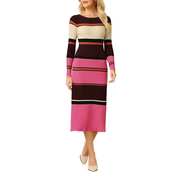 INSPIRE CHIC Women's Striped Sweater Dress Long Sleeve Casual Work Ribbed Knit Bodycon Dresses S Fushcia
