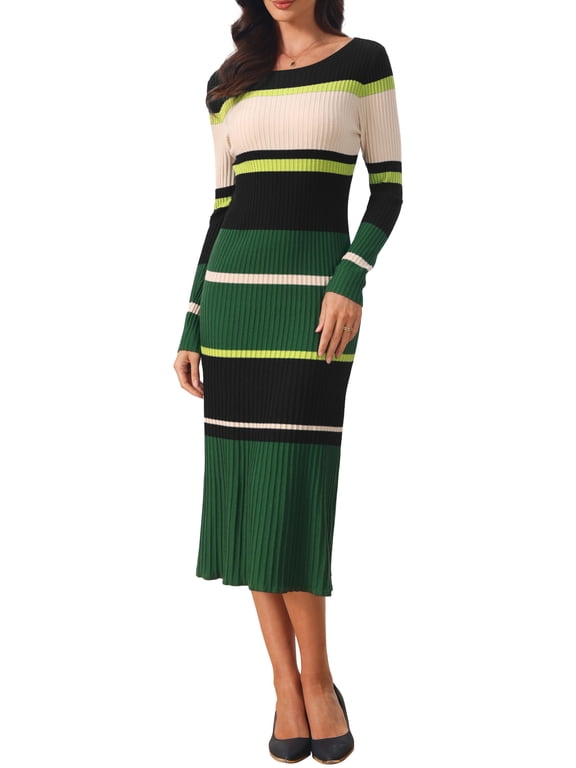 Women's Striped Sweater Dress Long Sleeve Casual Work Ribbed Knit Bodycon Dresses XL Green