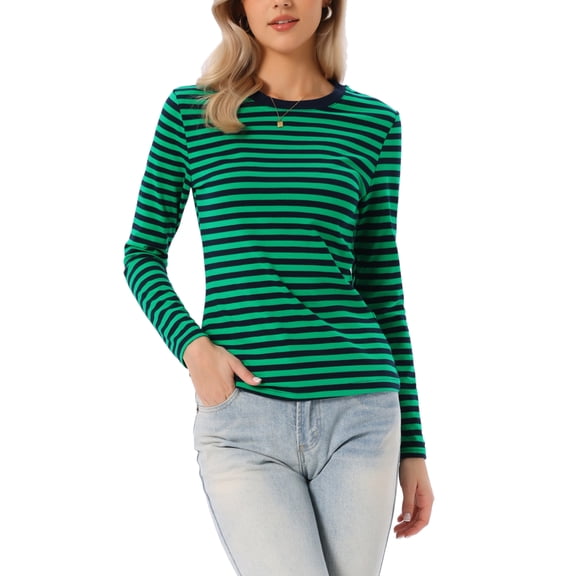 INSPIRE CHIC Women's Striped Top Long Sleeve Crew Neck Slim Fit Cotton Fitted Tee M Green Striped