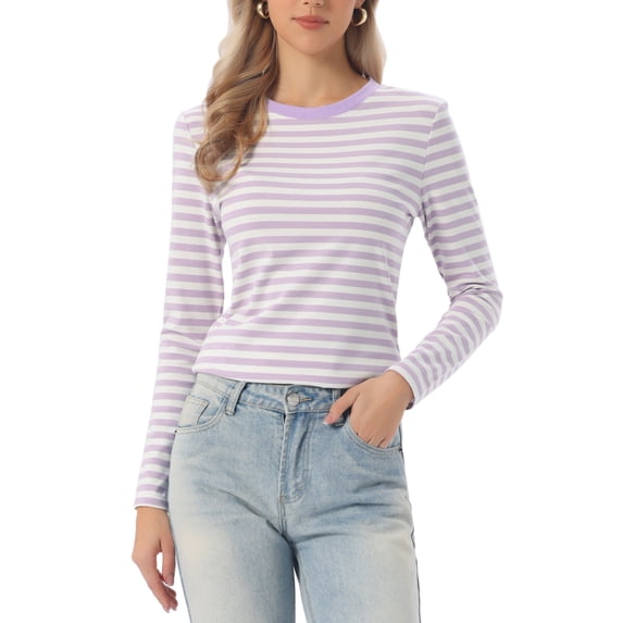 INSPIRE CHIC Striped Shirts for Women Long Sleeve Cotton Tops Crew Neck Fitted Tees Casual Outfits XL Light Purple Stripe