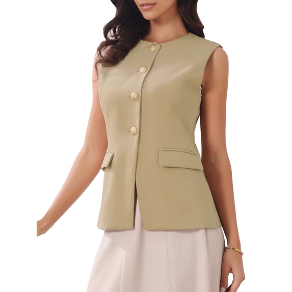 INSPIRE CHIC Women's Suit Vest Tops Work Sleeveless Button Down Blazer Waistcoat L Khaki