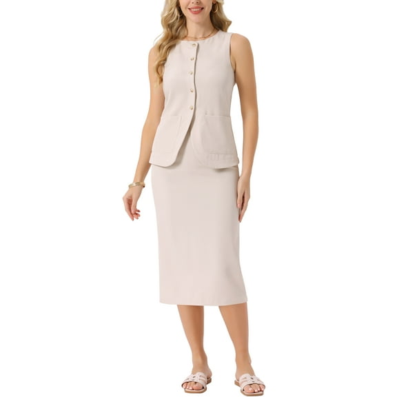 Women's Summer 2 Piece Suit Skirt Set Business Work Set Button Down Sleeveless Vest Blazer and Pencil Skirt S Beige