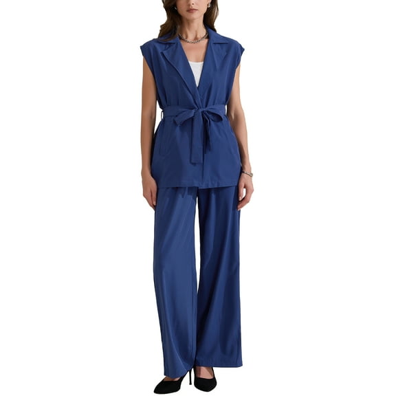 INSPIRE CHIC Women's Summer 2 Piece Outfits Cap Sleeve Work Casual Wide Leg Pant Sets S Navy Blue