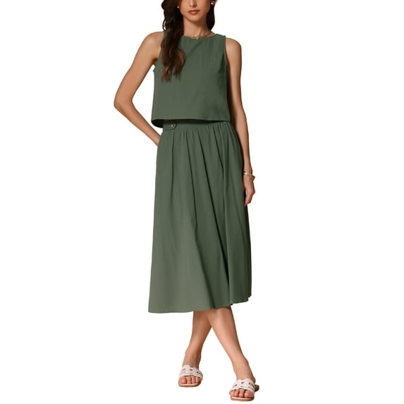 INSPIRE CHIC Women's Summer 2 Piece Skirt Set Casual Cotton Sleeveless Tank Top Midi Skirt S Army Green