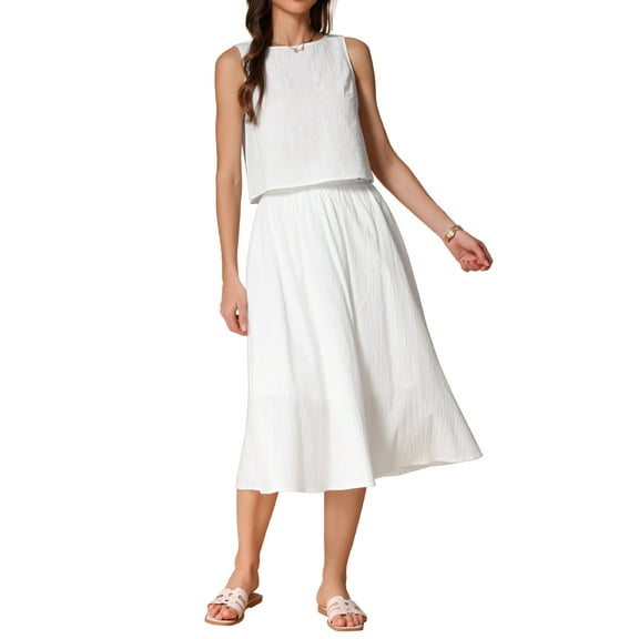 INSPIRE CHIC Women's Summer 2 Piece Skirt Set Casual Cotton Sleeveless Tank Top Midi Skirt XS Beige