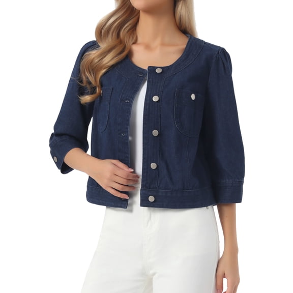 INSPIRE CHIC Women's Summer 3/4 Sleeve Collarless Button Up Denim Jean Jackets M Dark Blue