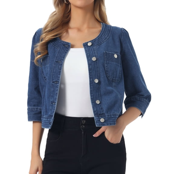 INSPIRE CHIC Women's Summer 3/4 Sleeve Collarless Button Up Denim Jean Jackets M Medium Blue
