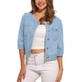 thumbnail image 1 of INSPIRE CHIC Women's Summer 3/4 Sleeve Collarless Button Up Denim Jean Jackets XS Light Blue, 1 of 5