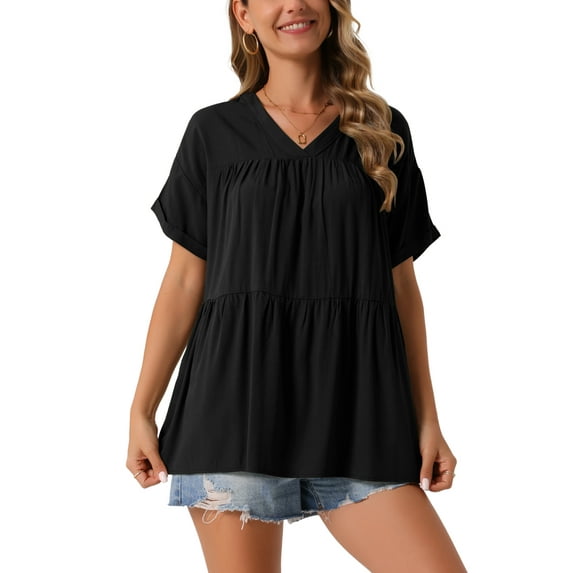 INSPIRE CHIC Women's Summer Babydoll Tops Casual V Neck Loose t Shirt Short Sleeve Peplum Blouse Tunics S Black