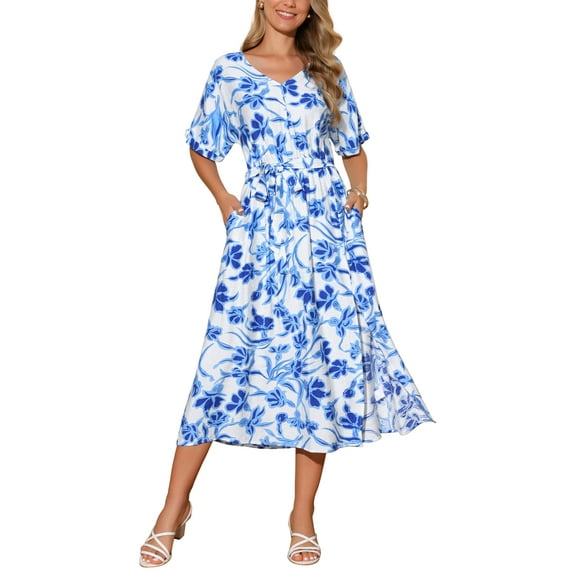 INSPIRE CHIC Women's Summer Boho Dresses V Neck Short Sleeve Tie Waist Flowy Slit Floral Beach Maxi Dress M Blue