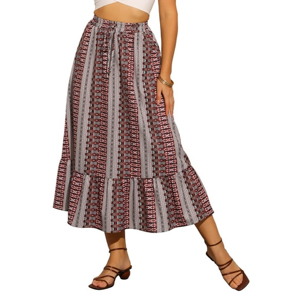 INSPIRE CHIC Women's Summer Boho Elastic High Waist A-Line Spring Printed Midi Skirt M Dark Red