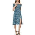 thumbnail image 1 of INSPIRE CHIC Women's Summer Boho Floral Print Off Shoulder Slit Long A-Line Dress M Lake Blue, 1 of 5