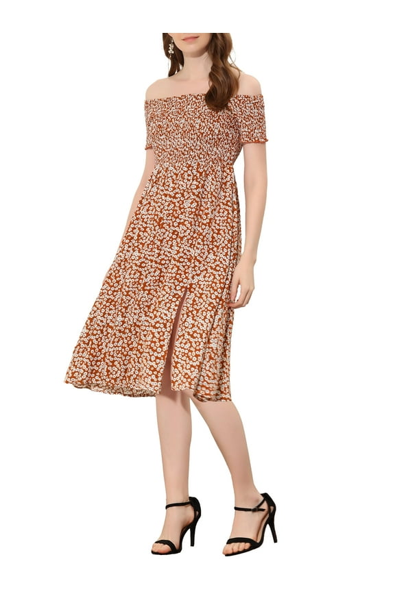 Women's Summer Boho Floral Print Off Shoulder Slit Long A-Line Dress S Dark Red