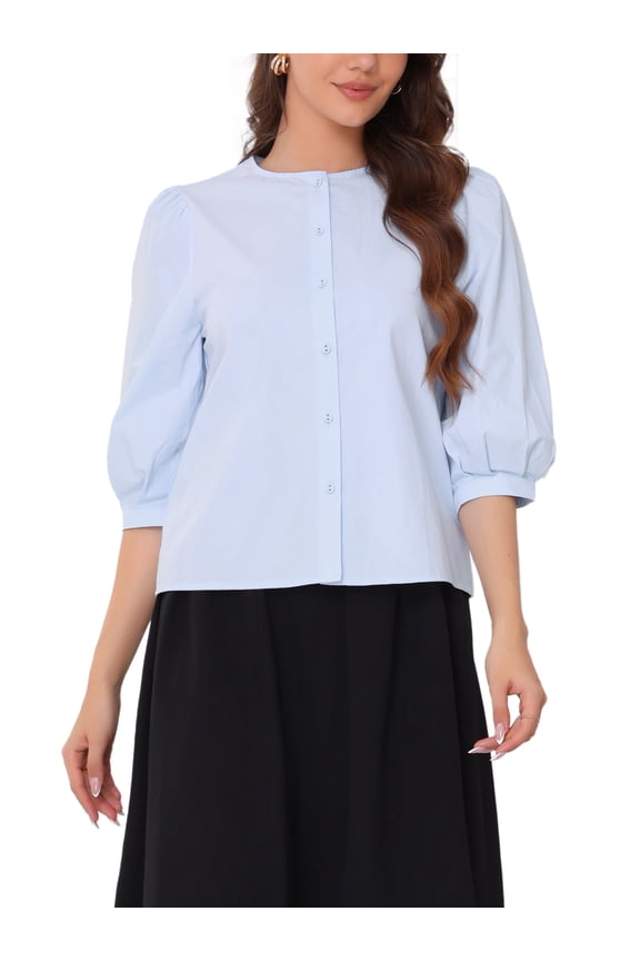 Women's Summer Button Down Cotton Puff Sleeve Crew Neck Casual Blouse Top XL Blue