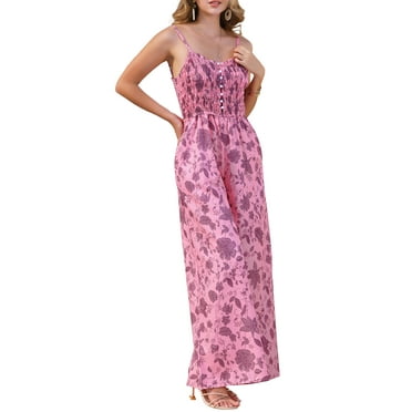 INSPIRE CHIC Women's Summer Casual Floral Jumpsuit Sleeveless Smocked Wide Leg Pants Boho Romper Overalls S Pink