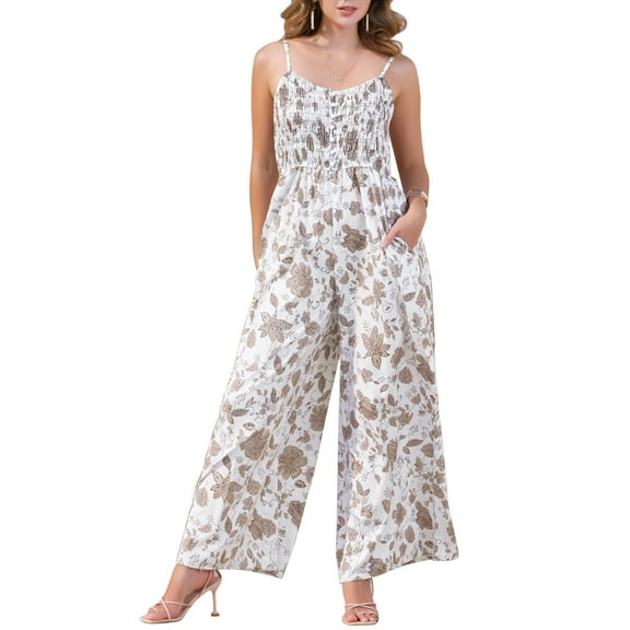 INSPIRE CHIC Women's Summer Casual Floral Jumpsuit Sleeveless Smocked Wide Leg Pants Boho Romper Overalls XS Beige