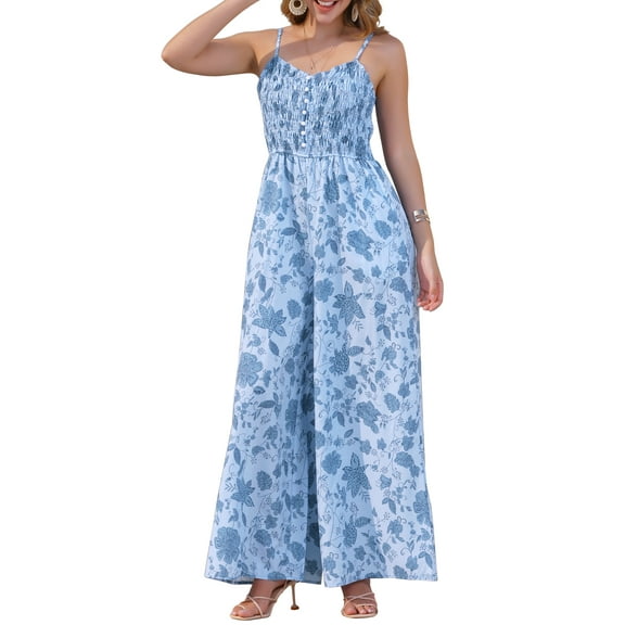 INSPIRE CHIC Women's Summer Casual Floral Jumpsuit Sleeveless Smocked Wide Leg Pants Boho Romper Overalls XS Blue