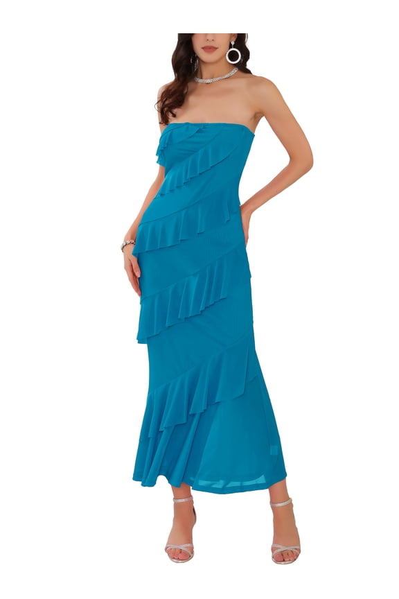 Women's Summer Cocktail Dress Tube Top Ruffled Tiered Maxi Strapless Dresses 2XL Blue Green