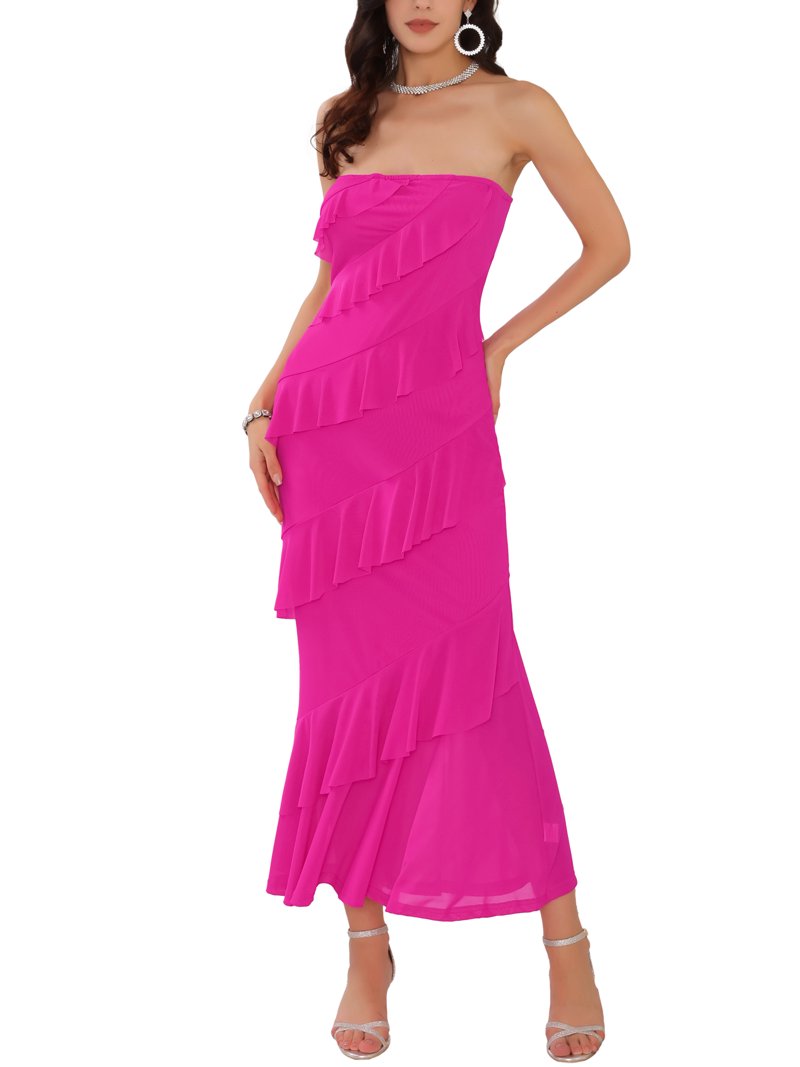 Inspire Chic Women's Summer Cocktail Dress Tube Top Ruffled Tiered Maxi Strapless Dresses M Hot Pink, Size: Medium