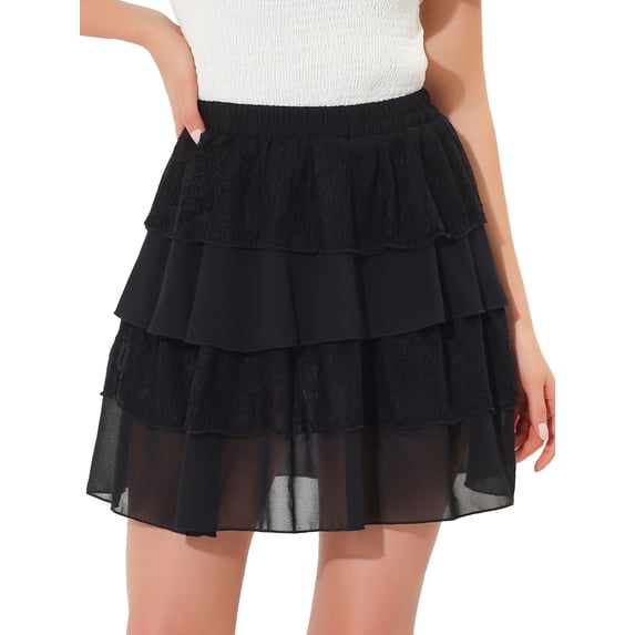 INSPIRE CHIC Women's Summer Cute Ruffled A-Line Lace Mini 2026 Tiered Skirt L Black