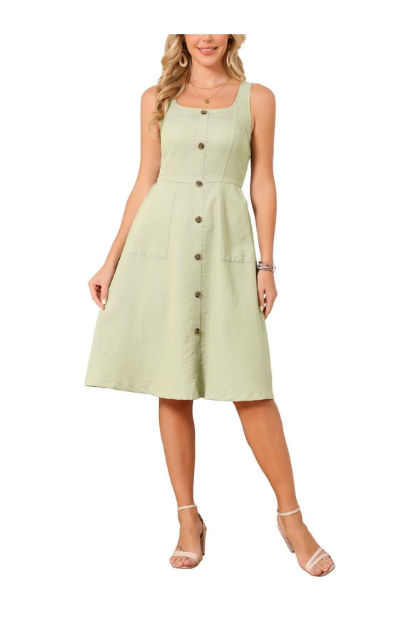 Women's Summer Dress 2026 Casual Square Neck Flattering A-Line Tank Sundress Button Down Midi Dresses M Green