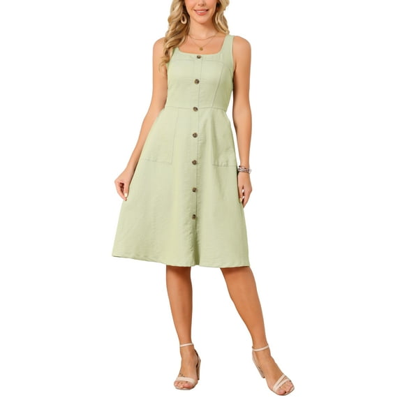 INSPIRE CHIC Women's Summer Dress 2026 Casual Square Neck Flattering A-Line Tank Sundress Button Down Midi Dresses XL Green