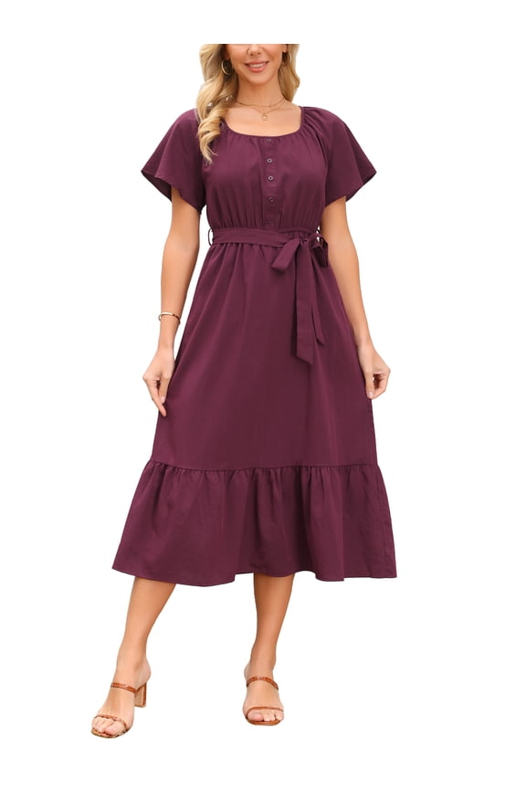 Women's Summer Dresses Casual Flutter Short Sleeve Scoop Neck Tiered Flowy Sundress Tie Waist Long Maxi Dress L Wine Red