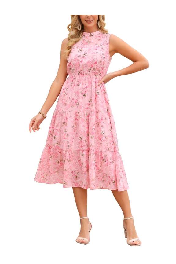 Women's Summer Dresses Floral Chiffon Sundress Sleeveless Mock Neck Tiered Wedding Party Midi Dress L Pink