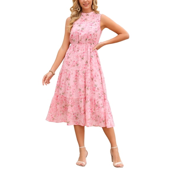 INSPIRE CHIC Women's Summer Dresses Floral Chiffon Sundress Sleeveless Mock Neck Tiered Wedding Party Midi Dress M Pink