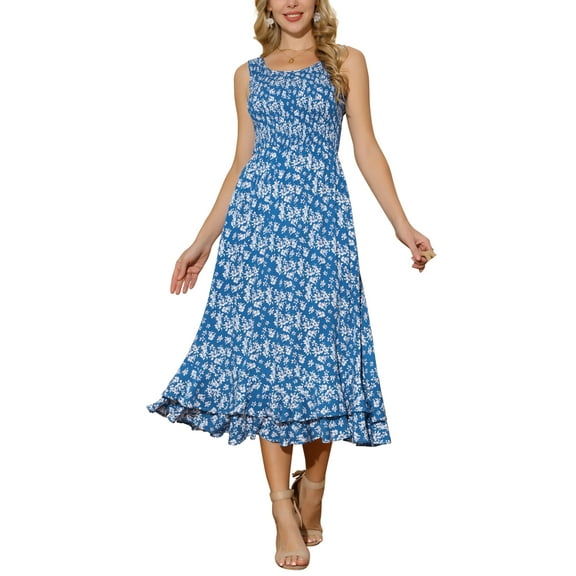INSPIRE CHIC Women's Summer Dresses Scoop Neck Sleeveless Ruffle Hem Tiered Floral Midi Dress Casual Sundress with Pockets XL Blue