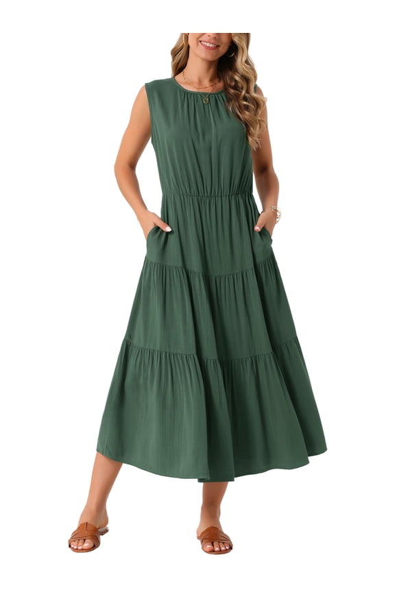 Women's Sundress Sleeveless Tiered Crewneck Casual Midi Dress Army Green L